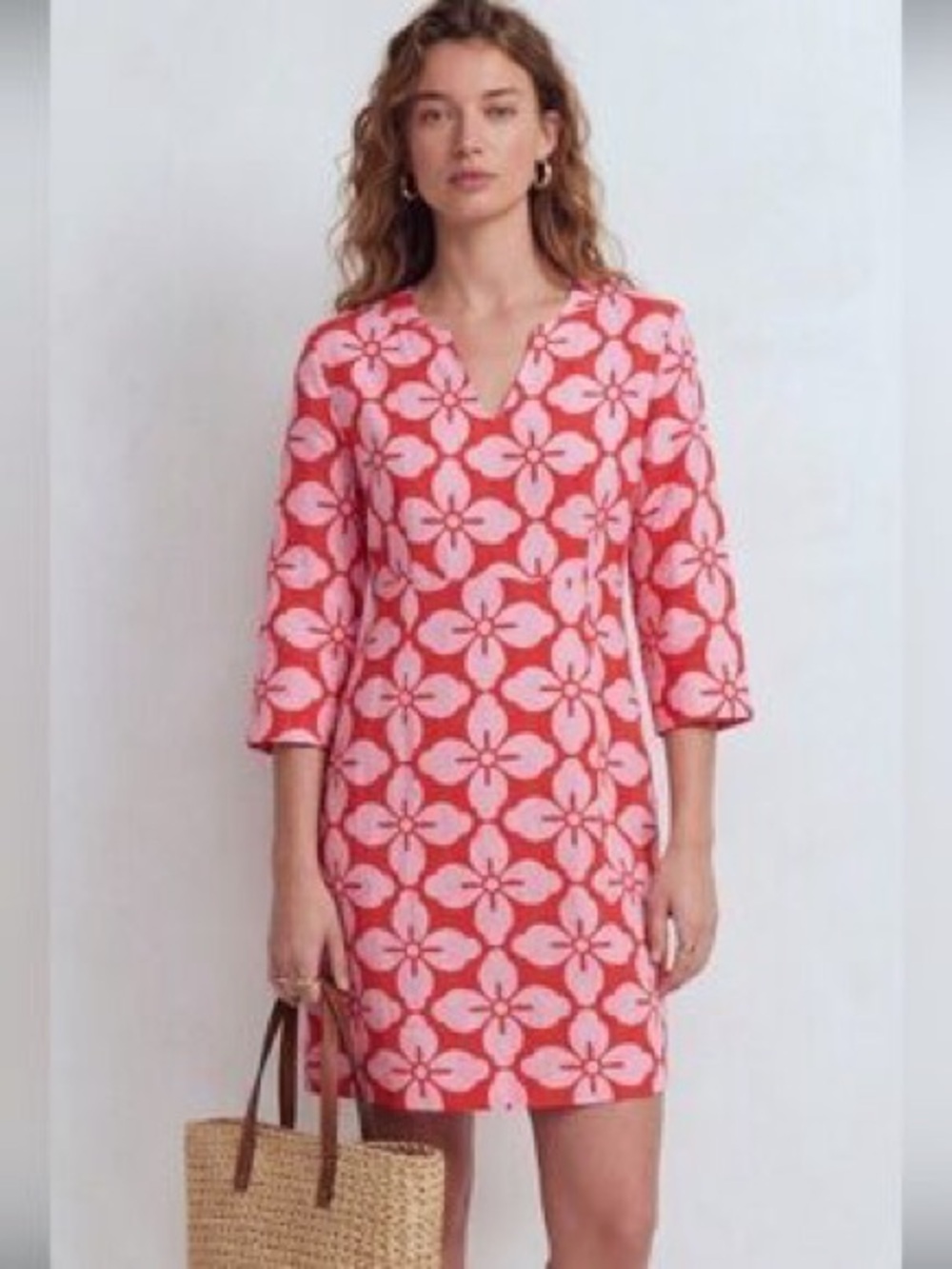 Boden Linen Floral Shift Dress in Pink and Coral